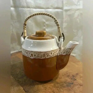 Japanese Ceramic Teapot, Vintage Glazed Pottery, Bamboo &  Wire Handle